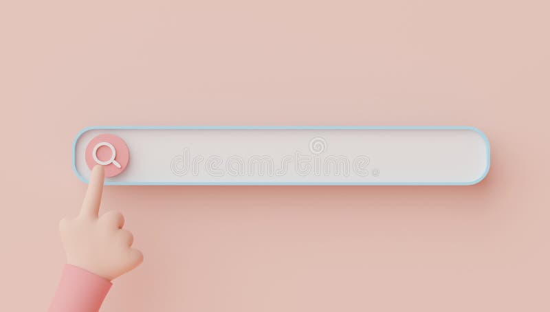 3d render of hand touching on minimal searching menu bar or blank banner magnifying with copy space on pastel earth tone stock illustration