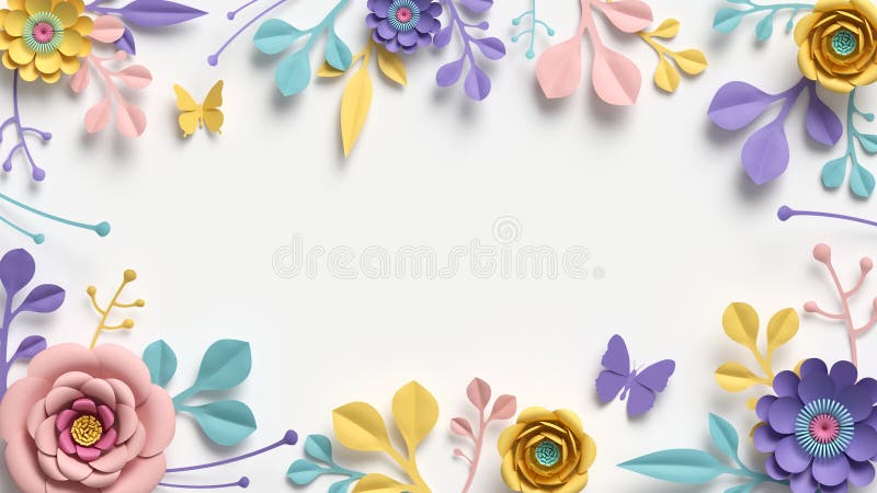 3d render, horizontal floral frame, copy space. Abstract cut paper flowers isolated on white, botanical background. Rose, daisy