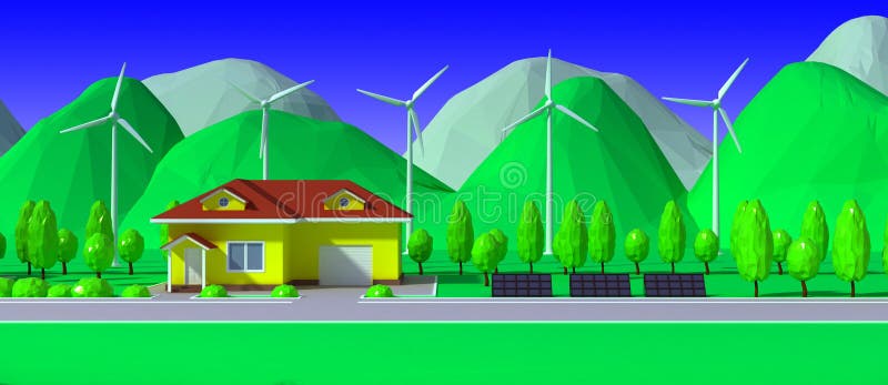 3d render of house with wind power plants and solar panels royalty free illustration