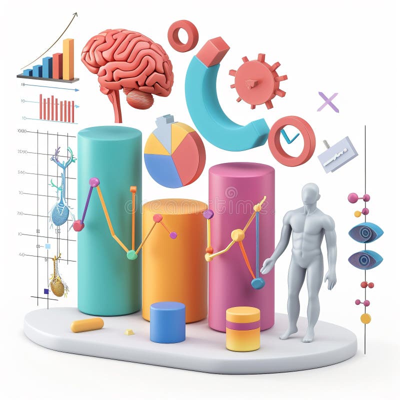 3D render icon 3D bar chart with different anatomy sections like bones or muscles icon 3d analysis royalty free illustration