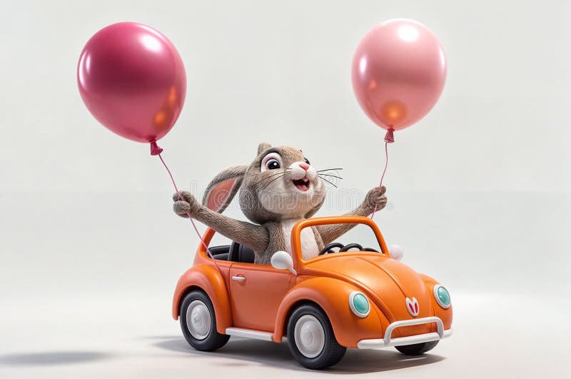 3d illustration render of cartoon character rabbit driving a car with balloons around it royalty free illustration