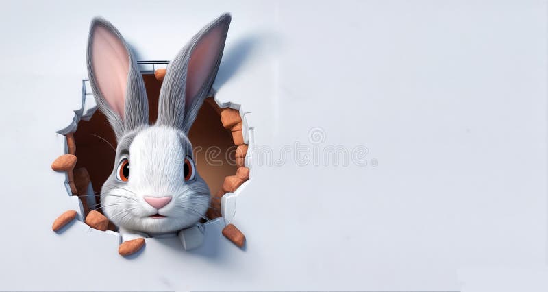 3d illustration render of a cute and adorable funny cartoon character rabbit bunny popping out from wall hole royalty free illustration