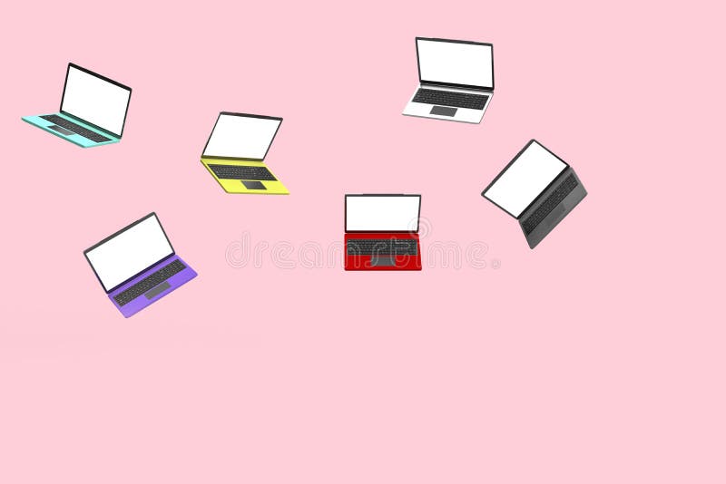 3d render of laptops of bright matte color bodies falling and flying n air tilted in various directions. electronics technology vector illustration 3d render of laptops of bright matte color bodies falling and flying n air tilted in various directions. electronics technology vector illustration