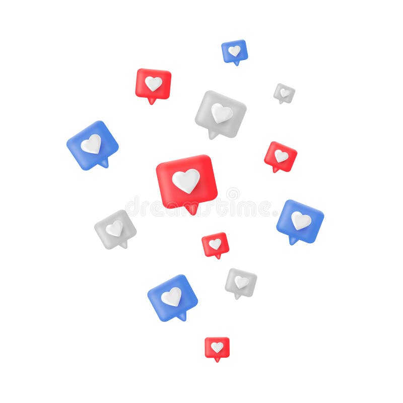 3d render like icon set. Social media bubble with heart. Love element. Comment button. Share tag. Notice people. Chat text. Speech vector illustration