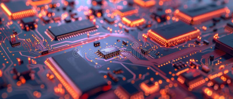 This is a 3D render of a macro view of an electronic circuit board with microchips and processors. Technology Background royalty free illustration