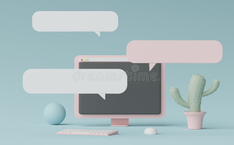 3d render Minimal pastel mini computer for work with white copy space for mock up and creative design decorate with cactus. Blank stock illustration