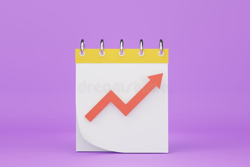 3d render of minimal white blank calendar and arrow graph. Scene of seo marketing design stock illustration