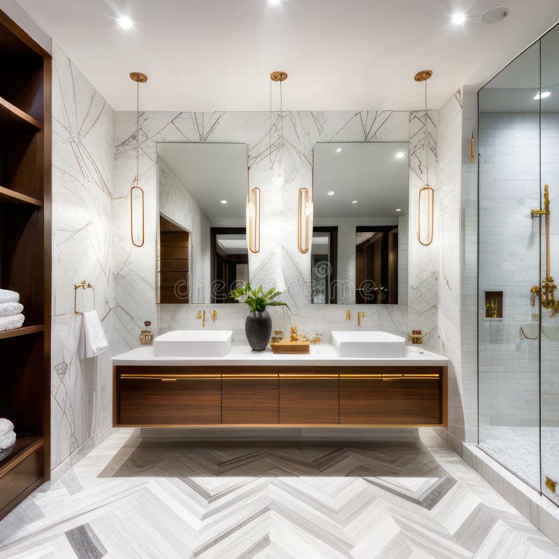 3d Render of Modern Bathroom with Black and White Marble and Wood Stock