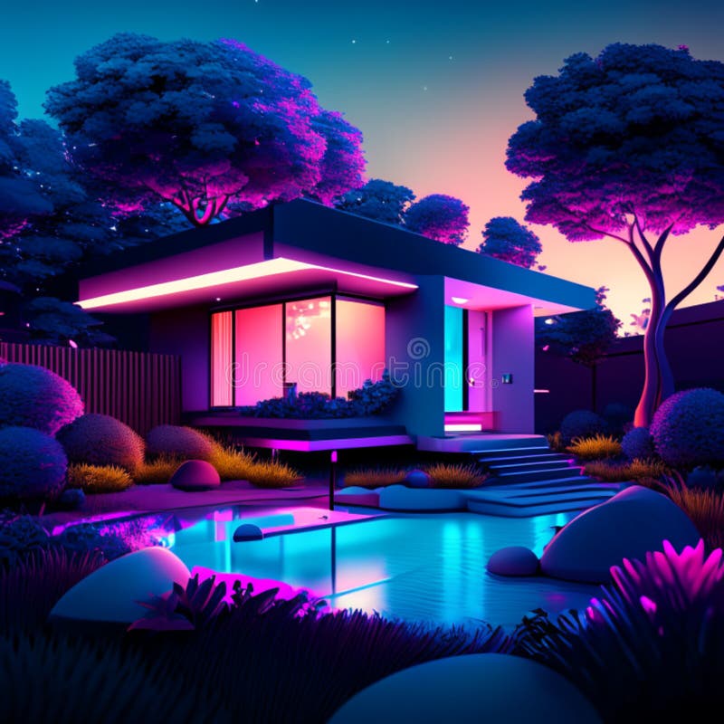 3D Render of a Modern House in the Garden at Night. AI Generated Stock ...