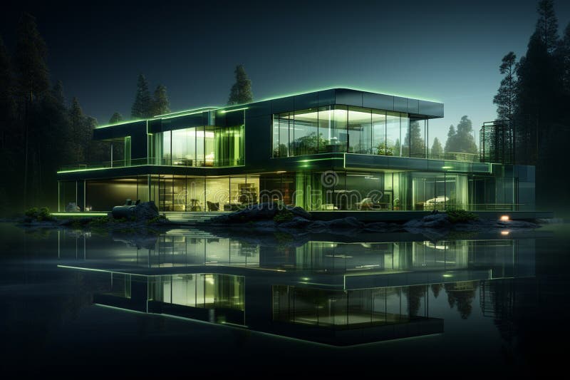 3d Render of Modern House with Green Lights on the Roof Stock