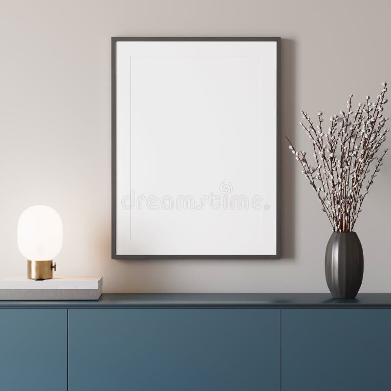 3d render of a modern mockup interior with wooden frame on an empty wall, a blue sideboard