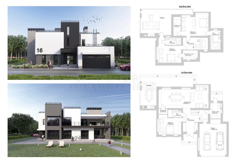 3d render of a modern private house, facade and back yard view with sun loungers, car, bicycle, green lawn, people and trees. vector illustration 3d render of a modern private house, facade and back yard view with sun loungers, car, bicycle, green lawn, people and trees. vector illustration