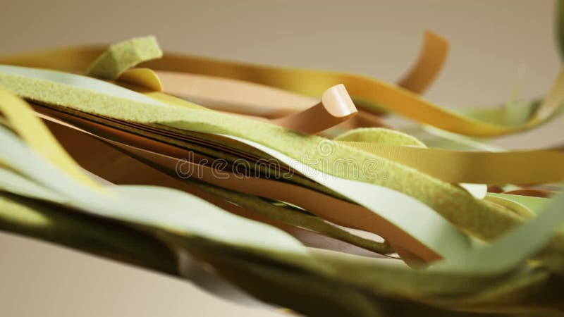 3D render motion animation digital backdrop for business presentation yellow soft silk ribbons waving on beige stock video
