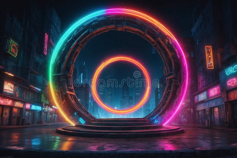 3d render neon abstract background neon tunnel in the city at night