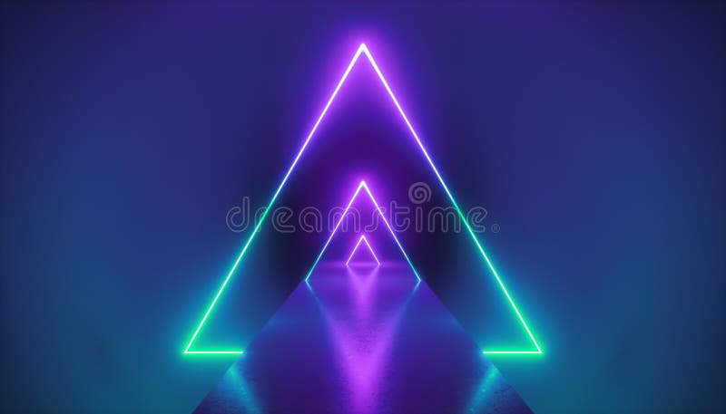 3d render, neon light triangle, virtual reality, triangular esoteric portal, tunnel, corridor, ultraviolet abstract background vector illustration