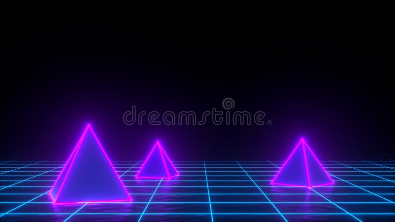 3d render of neon pyramid on grid background. Banner design. Retrowave, synthwave, vaporwave illustration. Party and