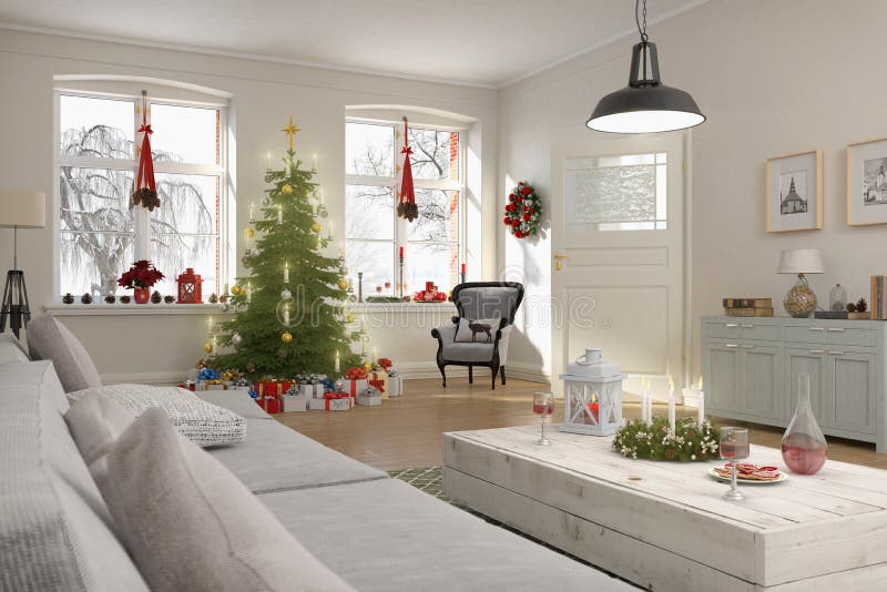 3d Render of a Nordic Living Room with Christmas Tree Stock