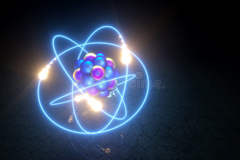 3D render nuclear fusion, there is a nuclear fission, pure energy. Copy space royalty free illustration