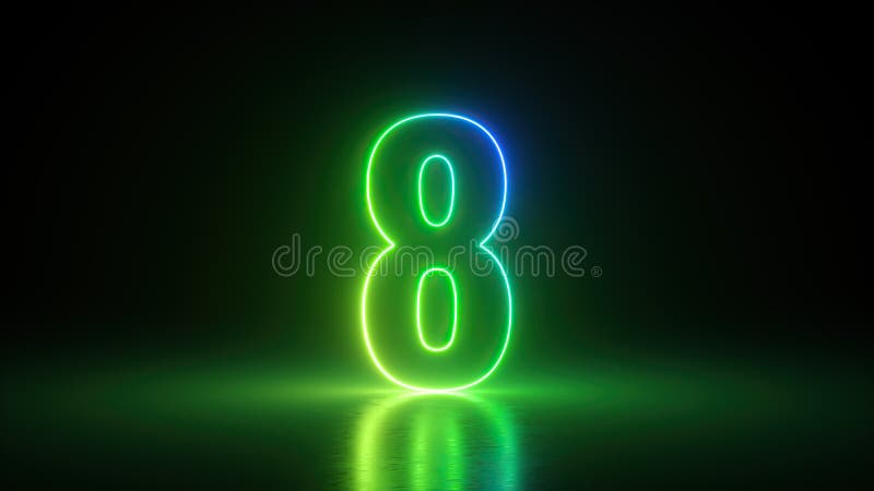 3d Render, Number Eight Glowing in the Dark with Green Blue Neon Light ...