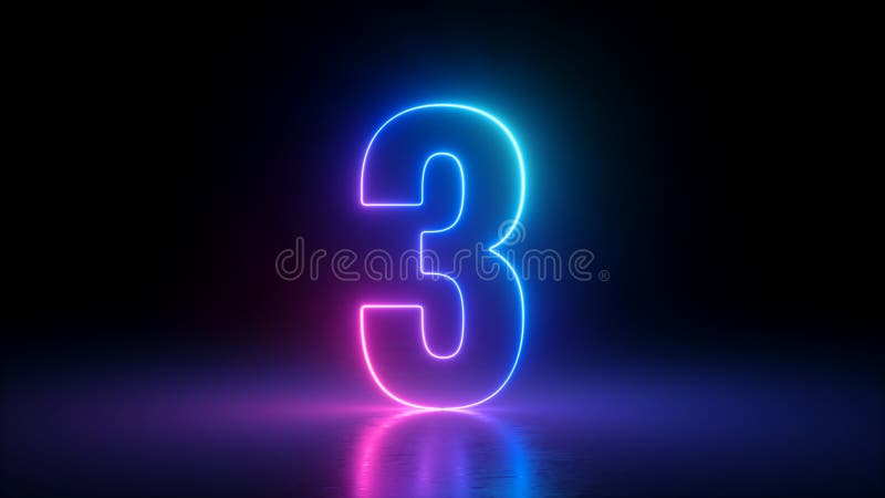 3d render, number three glowing in the dark, pink blue neon light. stock illustration