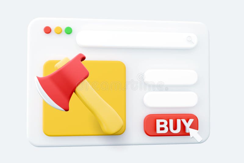 3d render online shopping Axe 3D illustration. Rendering icon of an axe. Wooden axe icon isolated on white background. 3d rendering axe icon