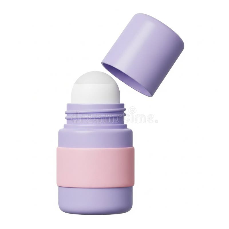 A 3D render of an open deodorant stick is presented against a white background. The deodorant container is primarily a soft purple color, with a pale pink band around its middle. The cap is lifted and tilted back, revealing the white, smooth applicator ball at the top. The overall aesthetic is clean and minimalist. Applicator stick illustrations