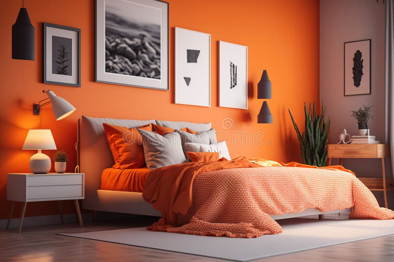3d Render of Orange Bedroom Stock Illustration Illustration of room