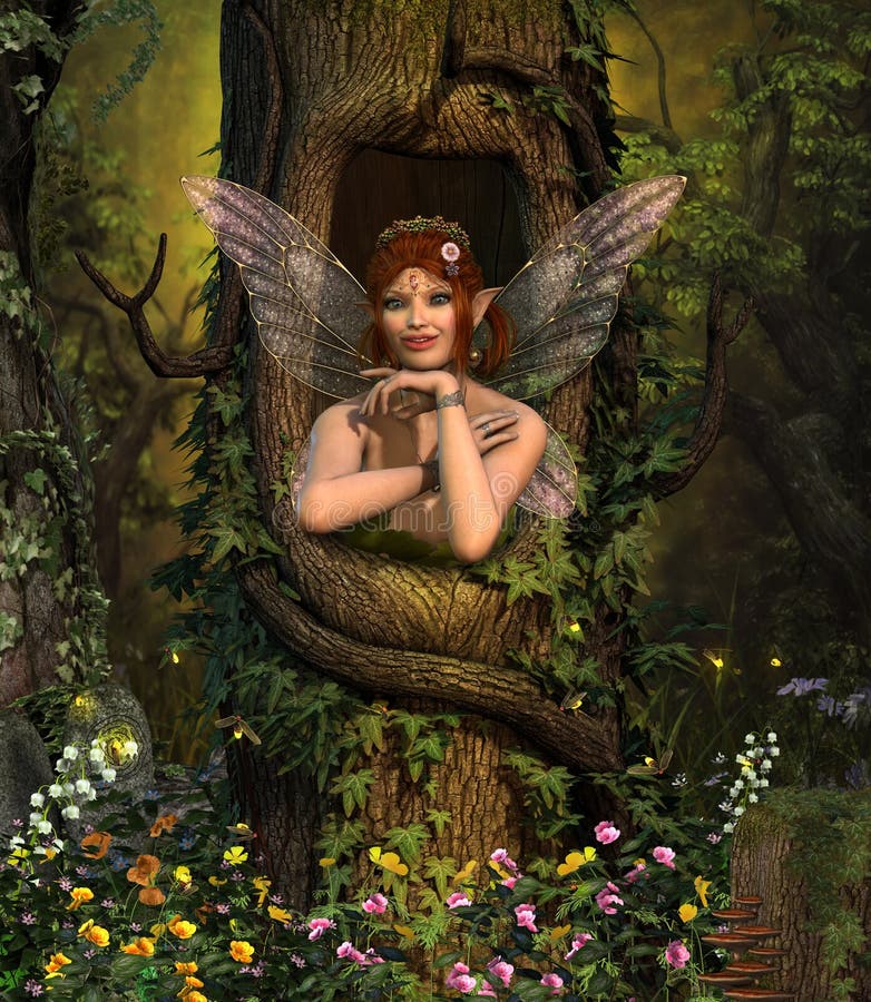 Fairy hiding place in enchanting forest stock illustration