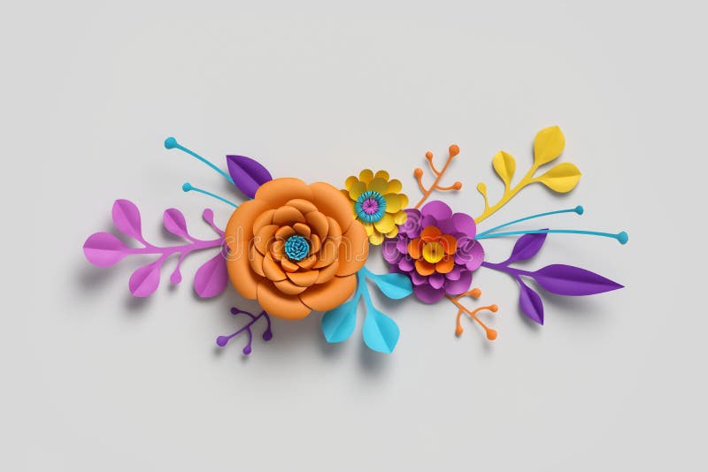 3d render, paper flowers, bright color palette, botanical background, isolated clip art, bouquet, floral border royalty free stock photography 3d render, paper flowers, bright color palette, botanical background, isolated clip art, bouquet, floral border royalty free stock photography