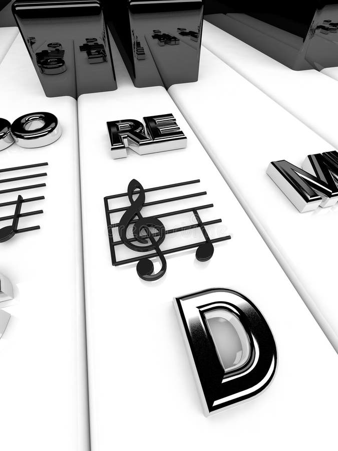 3D render, Piano keys with treble clef notes. Musical background royalty free illustration