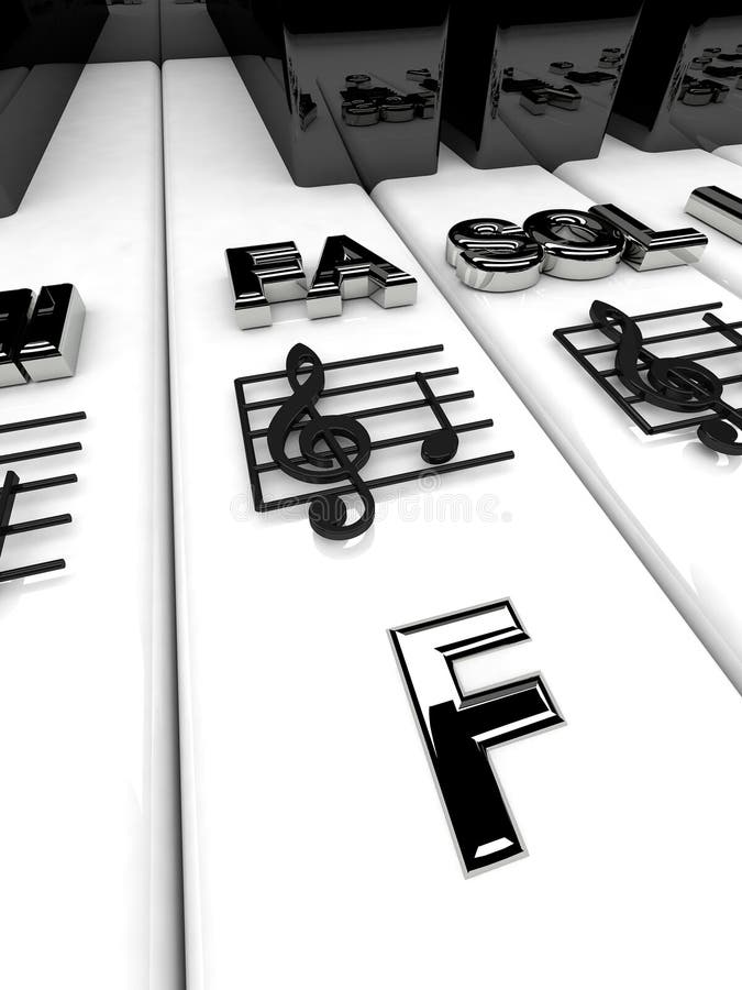 3D render, Piano keys with treble clef notes. Musical background stock illustration
