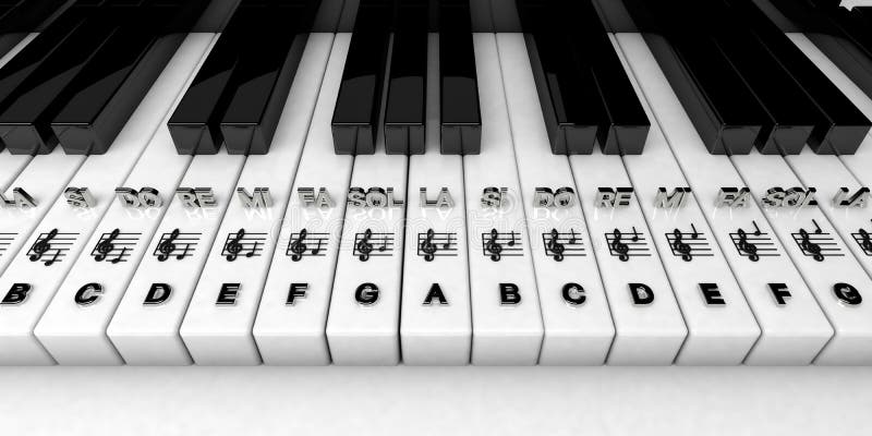 3D render, Piano keys with treble clef notes. Musical background vector illustration