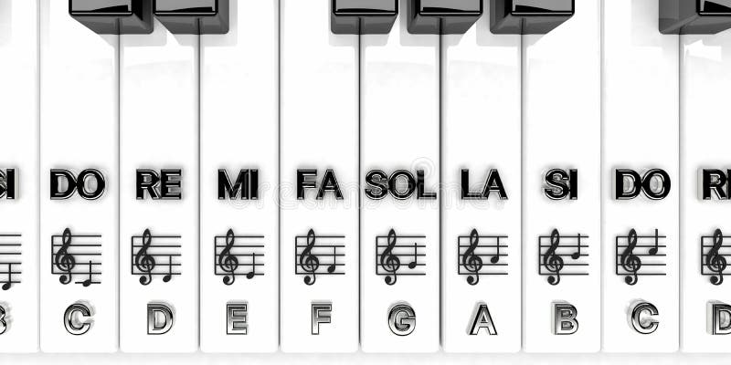 3D render, Piano keys with treble clef notes. Musical background royalty free illustration