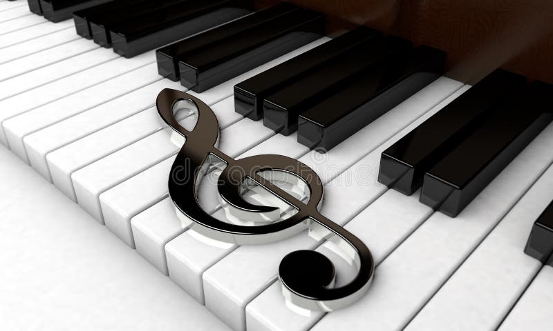 3D render, Piano keys with treble clef notes. Musical background royalty free illustration