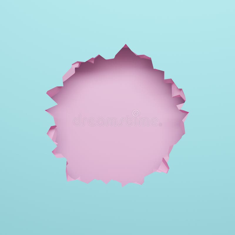 3d render, pink blue broken wall, abstract pastel background, blank space for text, bullet hole, destruction royalty free illustration