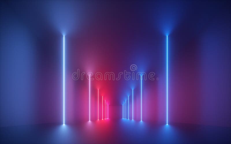 3d render, pink blue neon light, vertical glowing lines, illuminated corridor, tunnel, empty room, virtual space, ultraviolet stock image