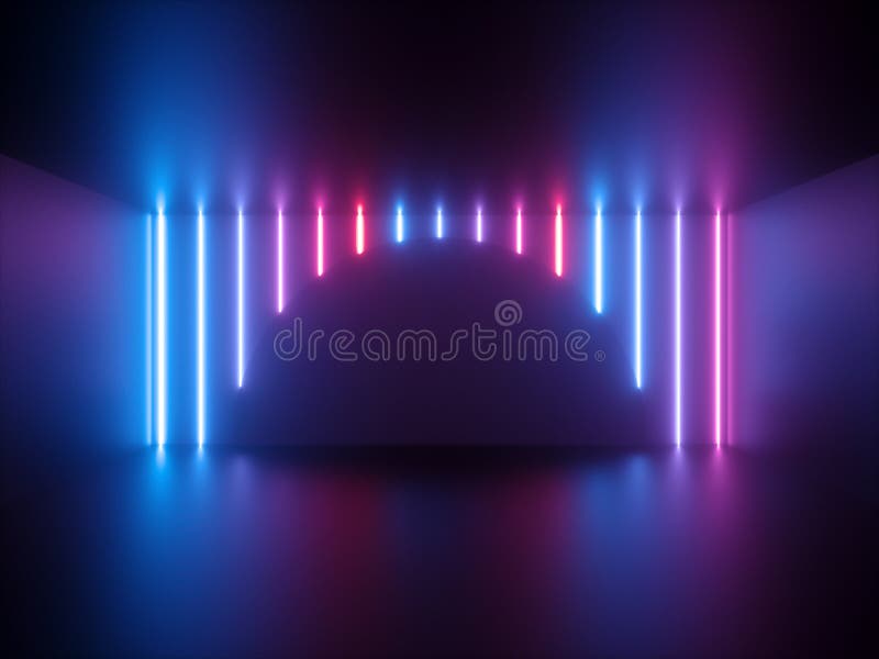 3d render, pink blue neon light, vertical glowing lines, round shape, ultraviolet spectrum, show stage, abstract background
