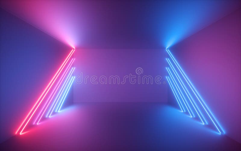 3d render of pink blue neon lines, illuminated empty room, virtual space, ultraviolet light, 80`s retro style, fashion show stage, abstract background. 3d render of pink blue neon lines, illuminated empty room, virtual space, ultraviolet light, 80`s retro style, fashion show stage, abstract background