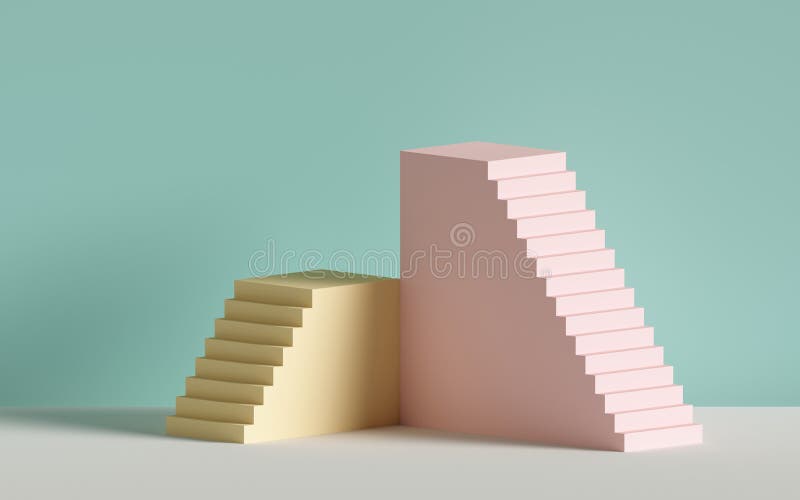 3d pink stairs, yellow steps, abstract background in pastel colors, fashion podium, minimal scene, architectural block stock illustration