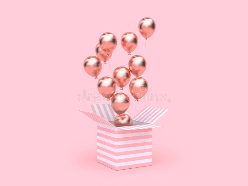 3d render pink white box open rose gold metallic balloon floating minimal pink background