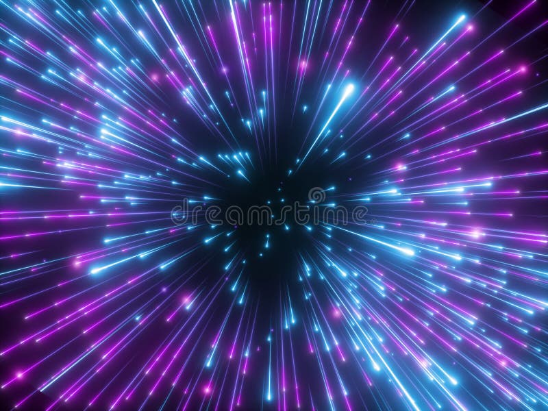 3d render, purple fireworks, big bang, galaxy, abstract cosmic background, celestial, stars, universe, speed of light, neon