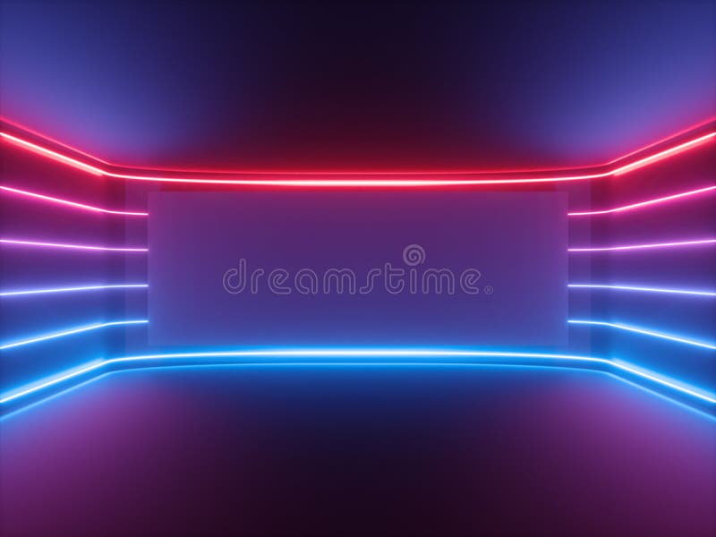 3d render, red blue neon light, glowing lines, blank horizontal screen, ultraviolet spectrum, empty room, abstract background