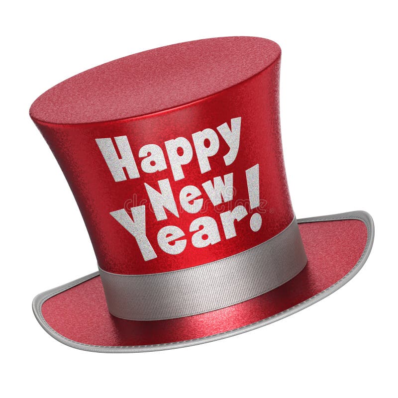 Rendering 3D di un rosso Felice Anno Nuovo top hat con scintillanti fiocchi di stile superficie isolato su sfondo bianco.