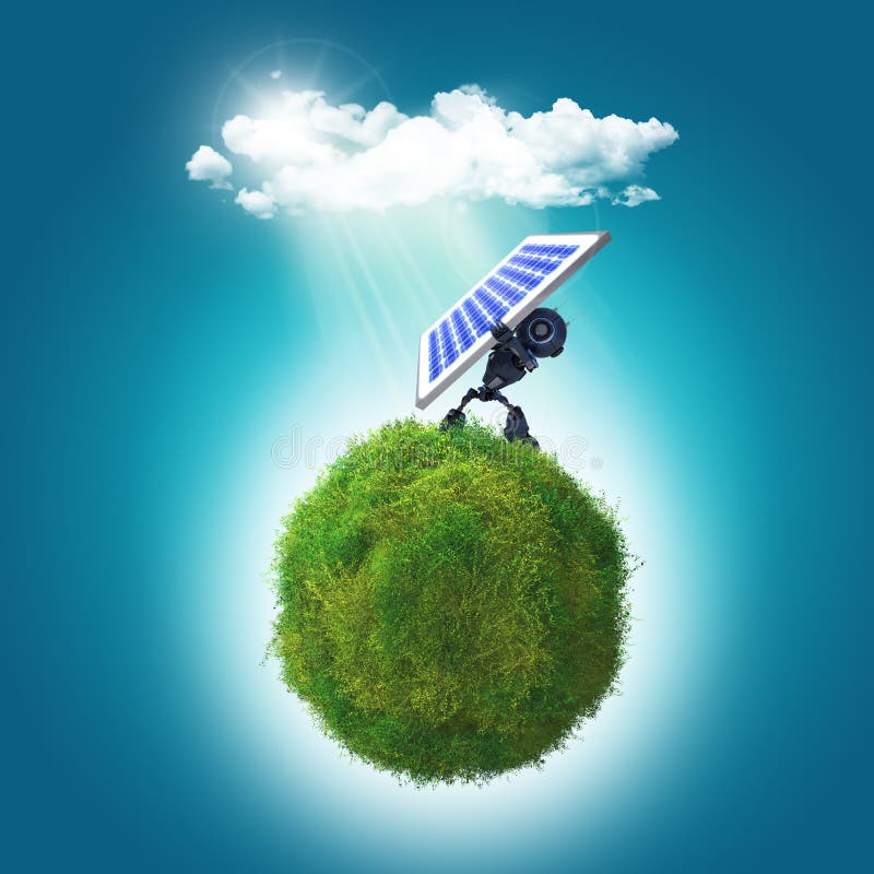 3D render of a robot holding a solar panel on a grassy glboe stock illustration