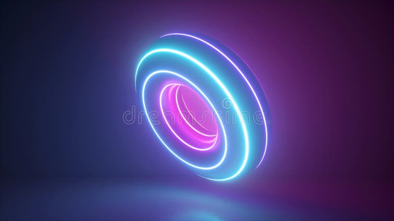 3d render, seamless animation of pink blue neon donut, abstract background with glowing torus shape, looped intro, scanning rings stock illustration