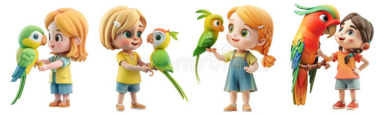 3d redare set de ilustrații cu fericit fată joc cu papagalul său izolat pe fundal transparent. 3d redare set de ilustrații cu o fată fericită jucându-se cu pozitia sa dinamică de papagal a copiilor și copiilor în stilul caricatural, izolată pe fundal transparent. generate de.