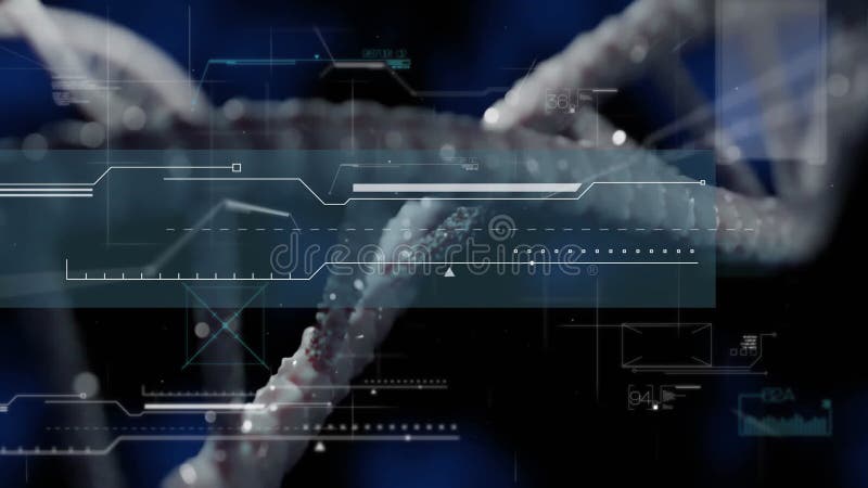 3D render showing DNA double helix twisting across digital HUD with floating data bars stock footage