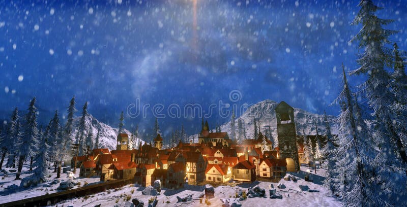 3d render of snow scene of small mountain village at dawn