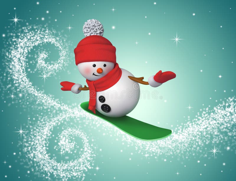 3d render, snowman snowboarding, winter sports clip art isolated on mint background, Christmas holiday illustration.