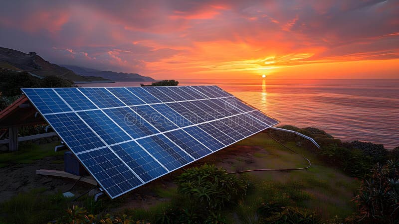 3D render of solar panel charging battery at sunset on residential rooftop. Concept 3D Render stock illustration